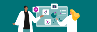 M-KIS - die digitale Patientenakte bei Asklepios Illustration eines Arztes und einer Ärztin, die vor einem großen Monitor stehen, auf dem unterschiedliche medizinische Apps zu erkennen sind.